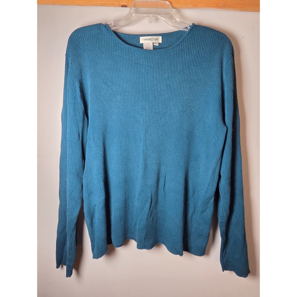 Coldwater Creek Women's Blouse Top Silk Cotton Size L Teal Old Money Luxury